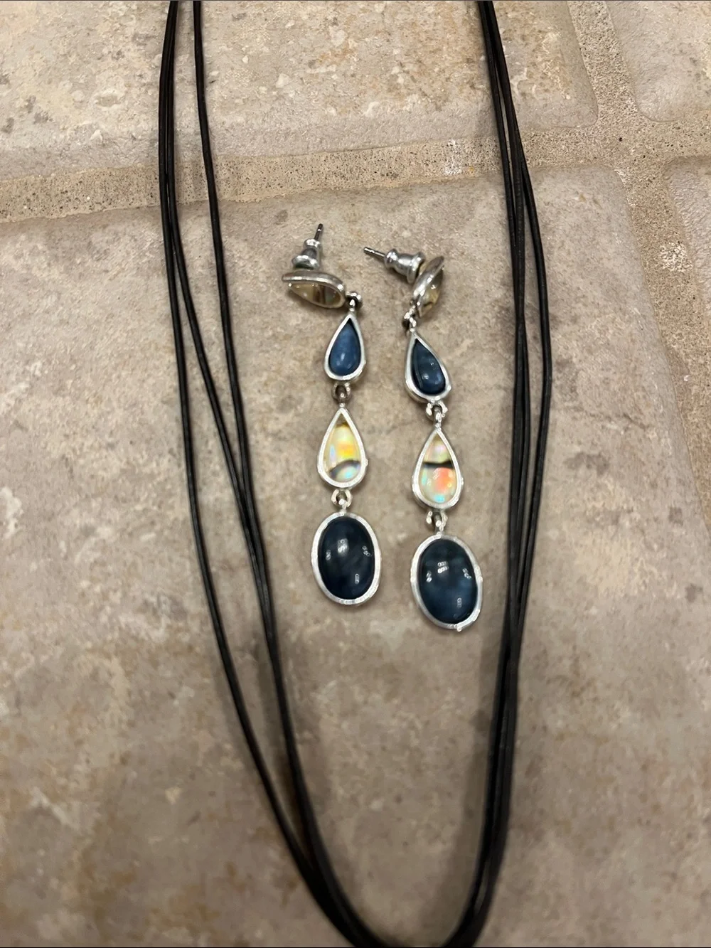 Silver Black and Blue Triple Drop Pendant Necklace and Earrings